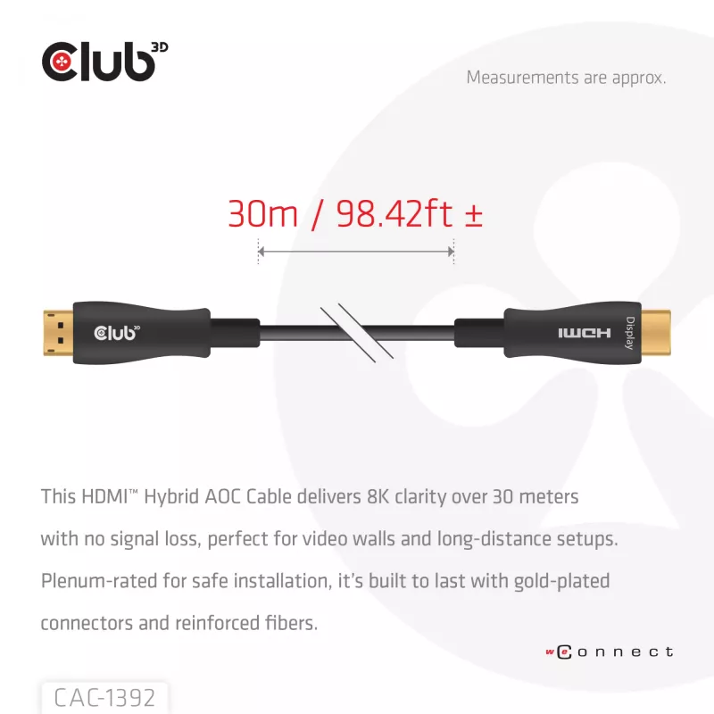 Cable AOC híbrido CLUB3D HDMI™ 8K60Hz/4K120Hz 30m / 98,42 ft, 30 m, HDMI tipo A (estándar), HDMI tipo A (estándar), 48 Gbit/s, negro