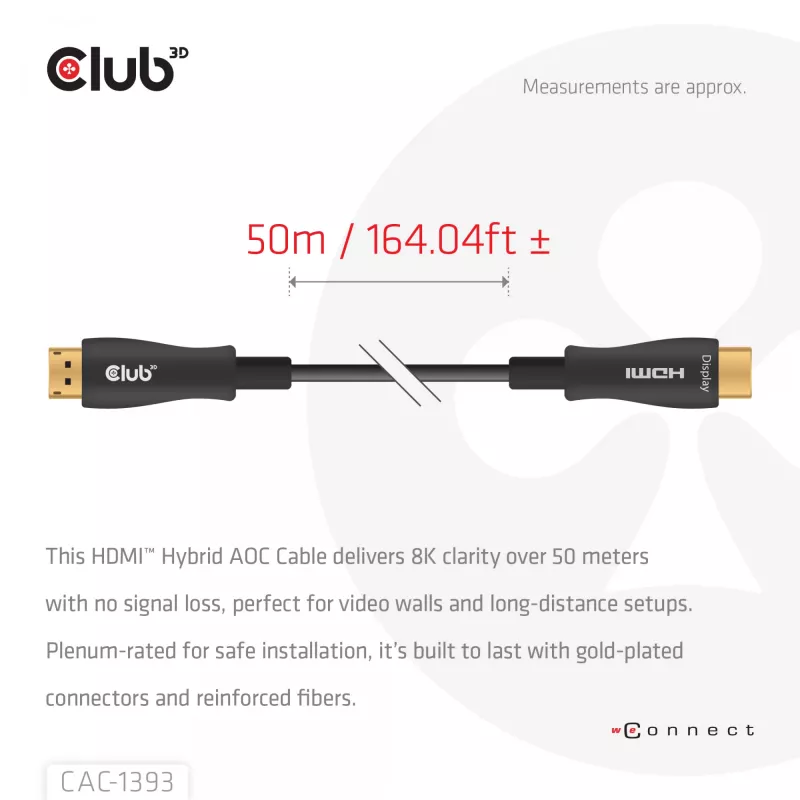 Cable AOC híbrido Club 3D HDMI 8K60Hz / 4K120Hz 50 m, HDMI tipo A macho–macho