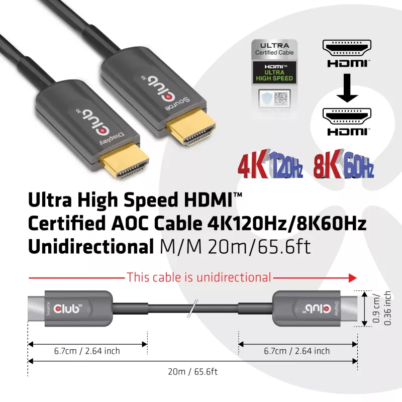 Cable AOC certificado CLUB3D Ultra High Speed HDMI™ 4K120Hz/8K60Hz unidireccional macho/macho 20m/65,6ft