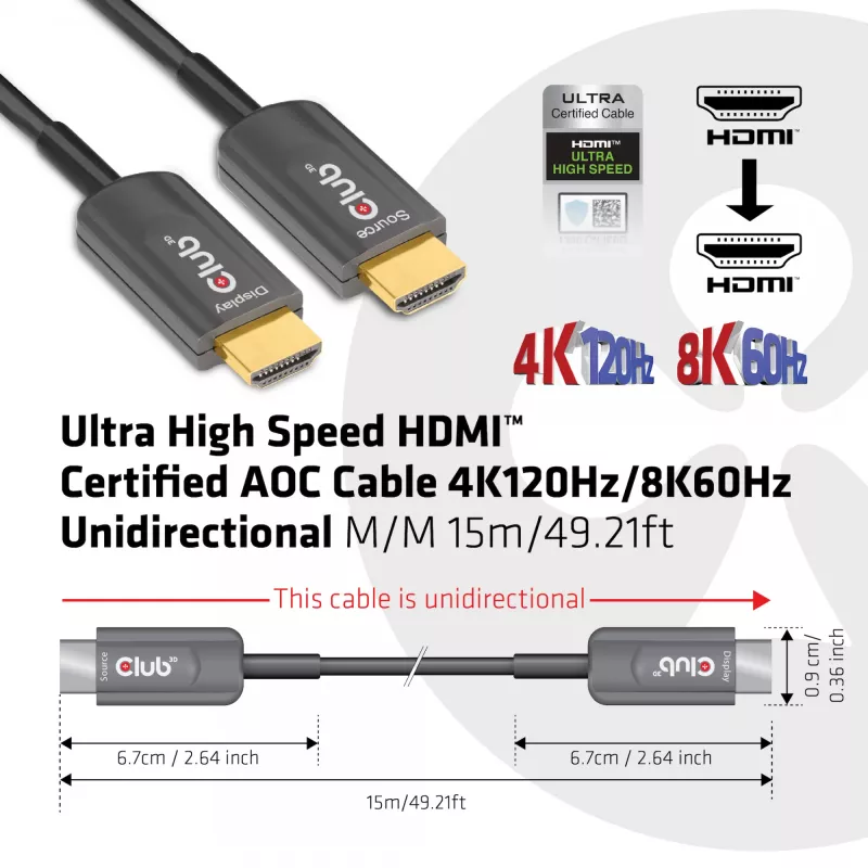 Cable AOC certificado CLUB3D Ultra High Speed HDMI™ 4K120Hz/8K60Hz unidireccional M/M 15m
