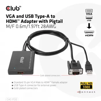 Adaptador CLUB3D VGA y USB Type-A a HDMI con pigtail M/H 0,6m/1,97ft 28AWG