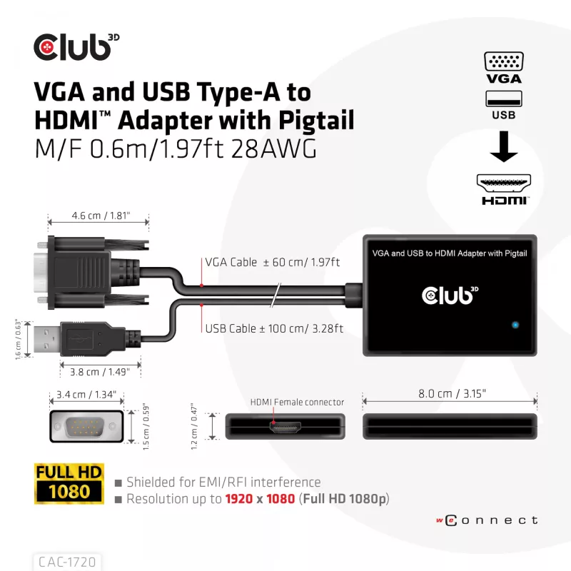 Club 3D CAC-1720 adaptador de VGA y USB Type-A a HDMI con pigtail M/H, 0,6 m (1,97 ft), 28AWG, negro