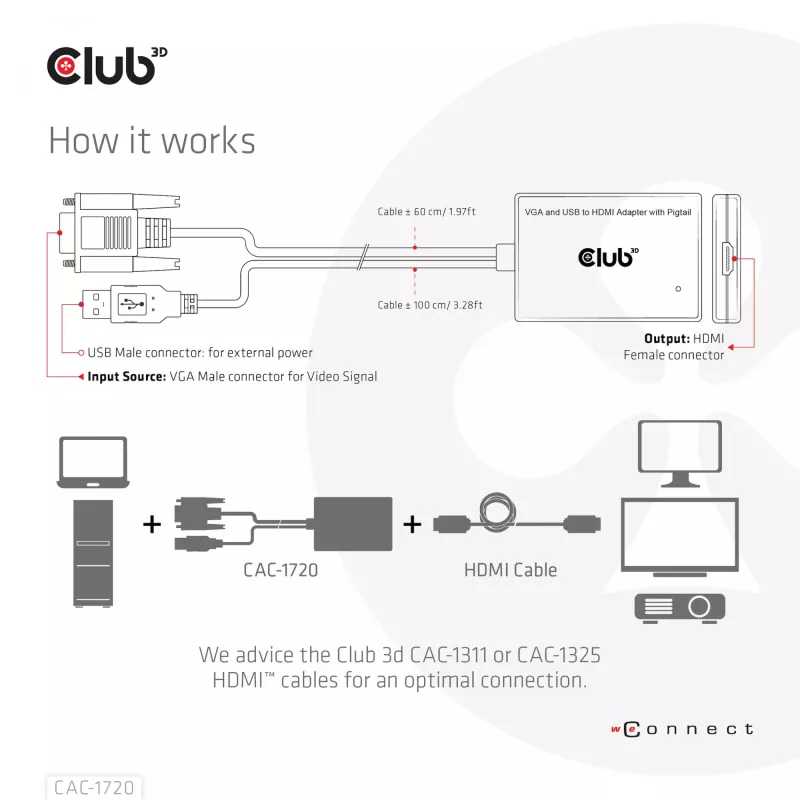 Club 3D CAC-1720 adaptador de VGA y USB Type-A a HDMI con pigtail M/H, 0,6 m (1,97 ft), 28AWG, negro