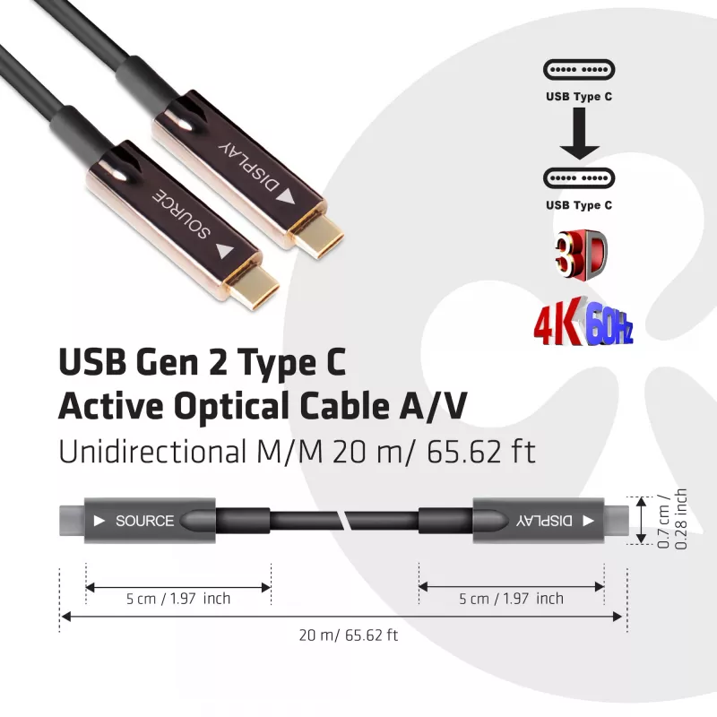 Cable de fibra óptica activa CLUB3D USB Gen 2 Type C A/V unidireccional M/M 20 m