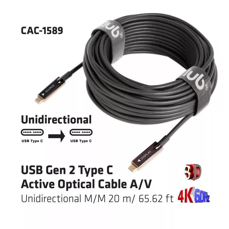 Cable de fibra óptica activa CLUB3D USB Gen 2 Type C A/V unidireccional M/M 20 m
