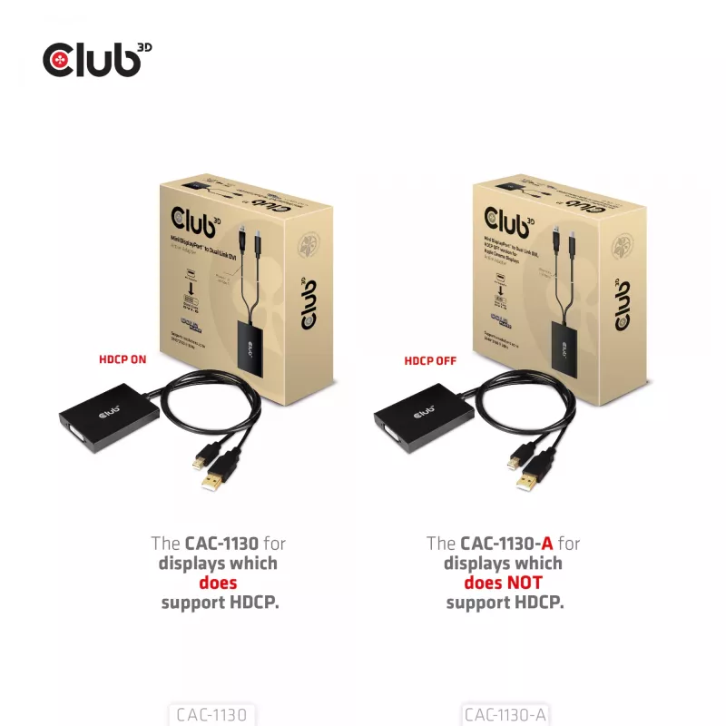 Adaptador activo CLUB3D Mini DisplayPort a Dual Link DVI, versión HDCP OFF para Apple Cinema Displays