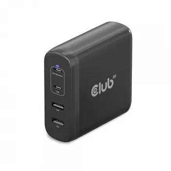 Cargador de viaje CLUB3D 100W tecnología GaN, cuatro puertos USB Type-A(2x) y -C(2x), compatibilidad con Power Delivery(PD) 3.0