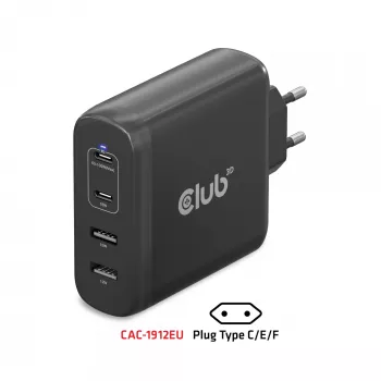 Cargador de viaje CLUB3D 100W tecnología GaN, cuatro puertos USB Type-A(2x) y -C(2x), compatibilidad con Power Delivery(PD) 3.0