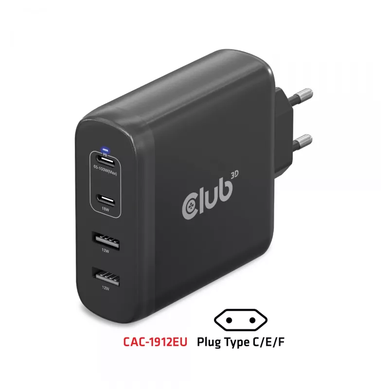 Cargador de viaje CLUB3D 100W tecnología GaN, cuatro puertos USB Type-A(2x) y -C(2x), compatibilidad con Power Delivery(PD) 3.0