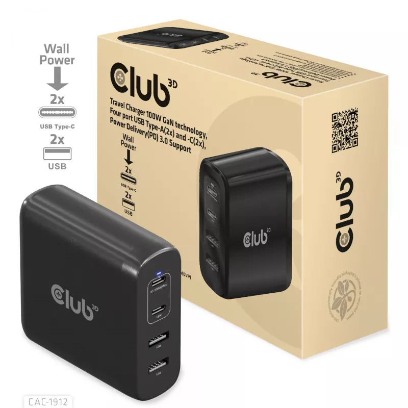 Cargador de viaje CLUB3D 100W tecnología GaN, cuatro puertos USB Type-A(2x) y -C(2x), compatibilidad con Power Delivery(PD) 3.0