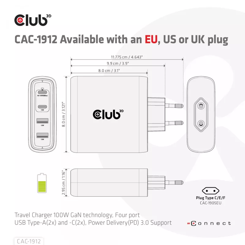 Cargador de viaje CLUB3D 100W tecnología GaN, cuatro puertos USB Type-A(2x) y -C(2x), compatibilidad con Power Delivery(PD) 3.0