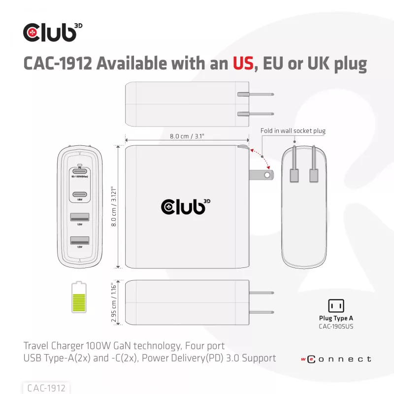 Cargador de viaje CLUB3D 100W tecnología GaN, cuatro puertos USB Type-A(2x) y -C(2x), compatibilidad con Power Delivery(PD) 3.0