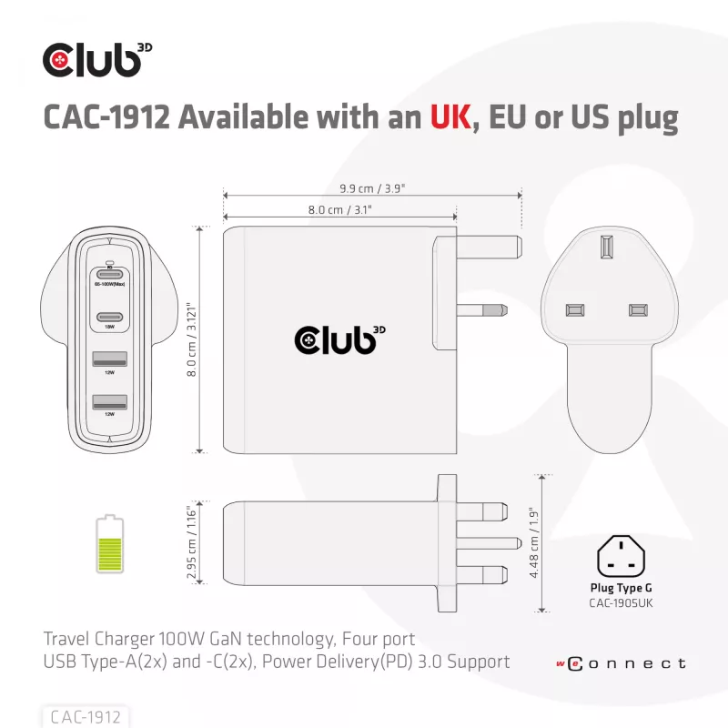 Cargador de viaje CLUB3D 100W tecnología GaN, cuatro puertos USB Type-A(2x) y -C(2x), compatibilidad con Power Delivery(PD) 3.0