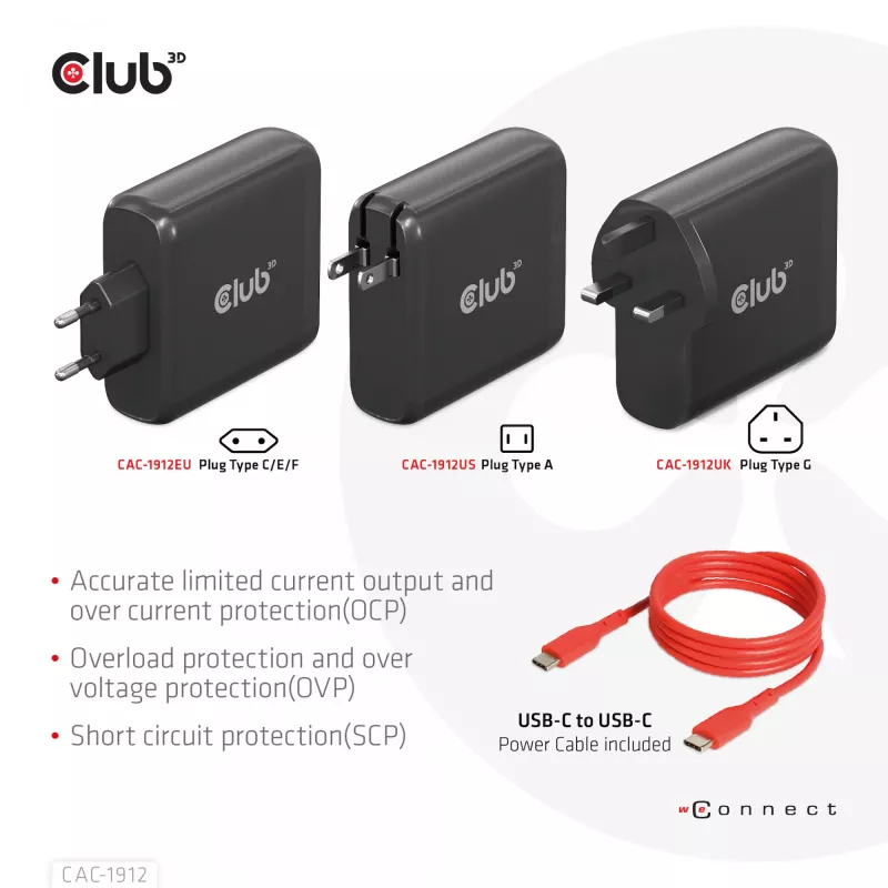 Cargador de viaje CLUB3D 100W tecnología GaN, cuatro puertos USB Type-A(2x) y -C(2x), compatibilidad con Power Delivery(PD) 3.0