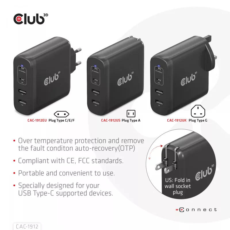 Cargador de viaje CLUB3D 100W tecnología GaN, cuatro puertos USB Type-A(2x) y -C(2x), compatibilidad con Power Delivery(PD) 3.0