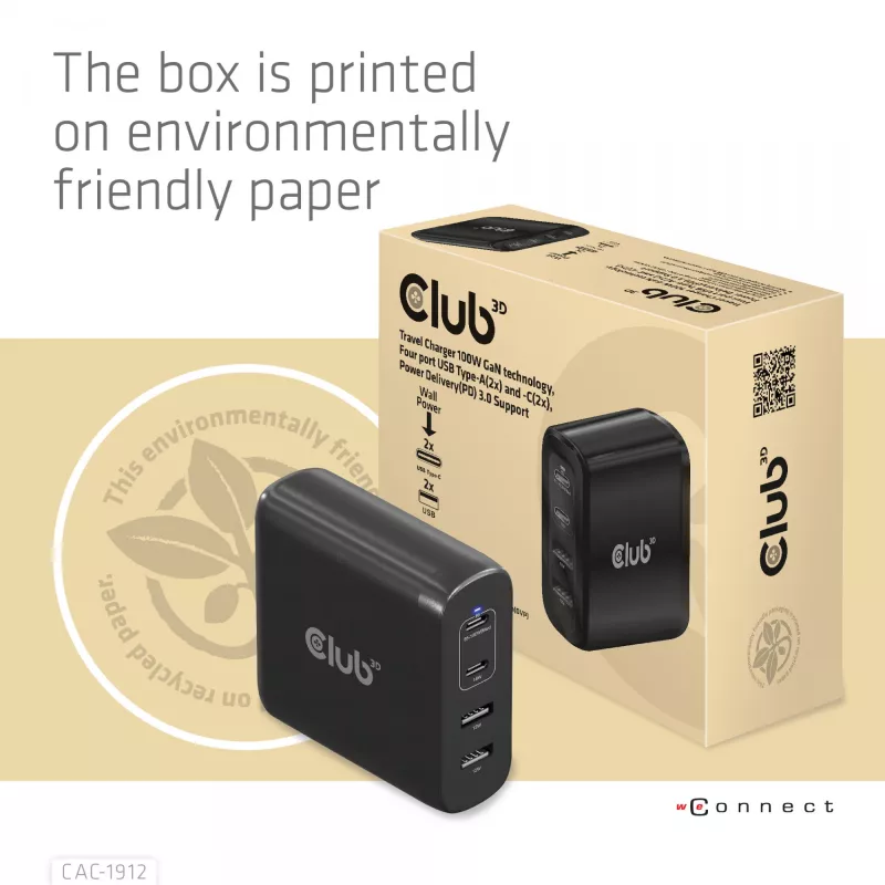 Cargador de viaje CLUB3D 100W tecnología GaN, cuatro puertos USB Type-A(2x) y -C(2x), compatibilidad con Power Delivery(PD) 3.0