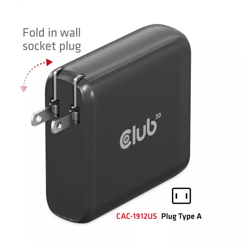 Cargador de viaje CLUB3D 100W tecnología GaN, cuatro puertos USB Type-A(2x) y -C(2x), compatibilidad con Power Delivery(PD) 3.0