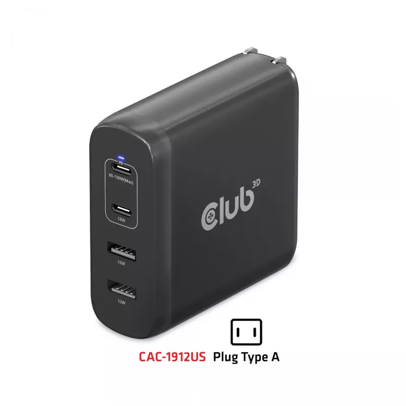 Cargador de viaje CLUB3D 100W tecnología GaN, cuatro puertos USB Type-A(2x) y -C(2x), compatibilidad con Power Delivery(PD) 3.0