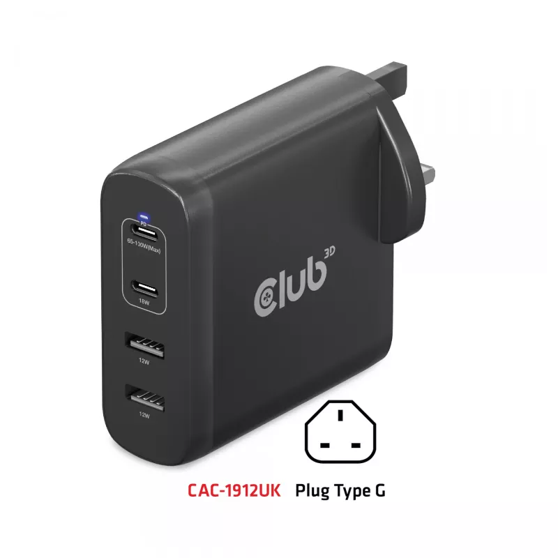 Cargador de viaje CLUB3D 100W tecnología GaN, cuatro puertos USB Type-A(2x) y -C(2x), compatibilidad con Power Delivery(PD) 3.0