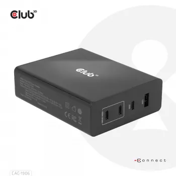 Cargador de viaje CLUB3D 132W tecnología GaN, cuatro puertos USB Type-A y -C, compatibilidad con Power Delivery (PD) 3.0