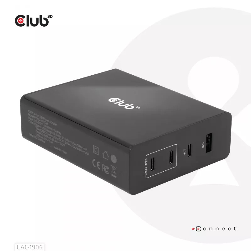 Cargador de viaje CLUB3D 132W tecnología GaN, cuatro puertos USB Type-A y -C, compatibilidad con Power Delivery (PD) 3.0