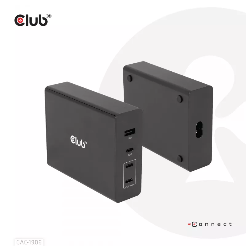 Cargador de viaje CLUB3D 132W tecnología GaN, cuatro puertos USB Type-A y -C, compatibilidad con Power Delivery (PD) 3.0