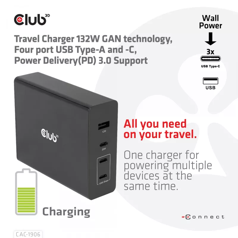 Cargador de viaje CLUB3D 132W tecnología GaN, cuatro puertos USB Type-A y -C, compatibilidad con Power Delivery (PD) 3.0