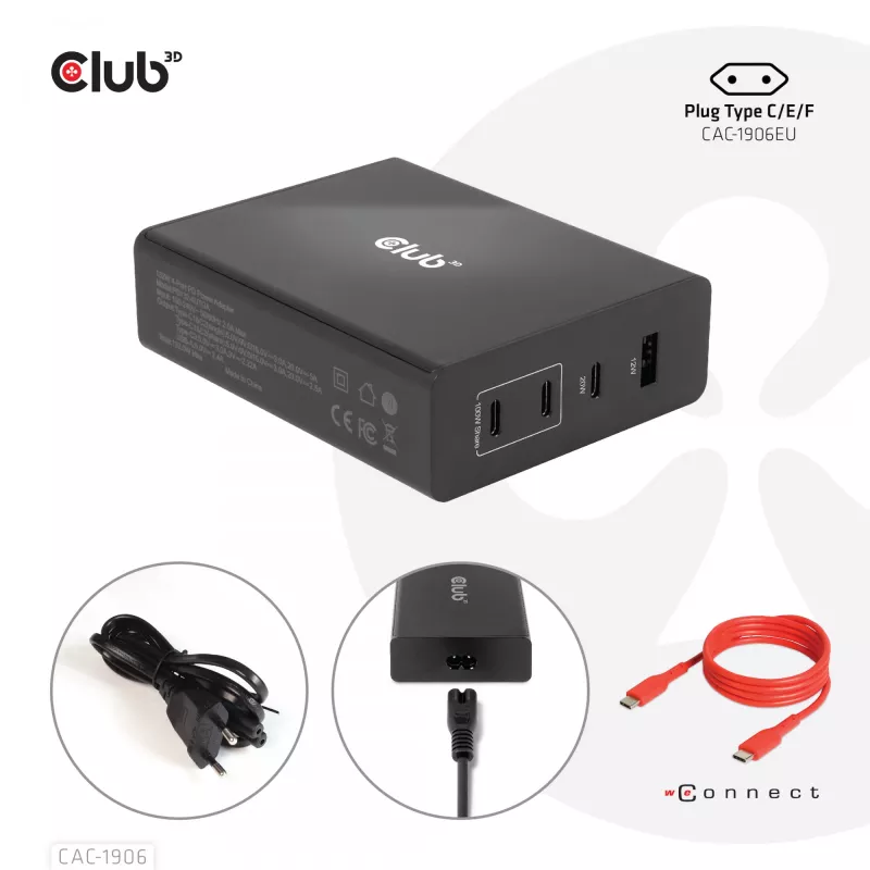 Cargador de viaje CLUB3D 132W tecnología GaN, cuatro puertos USB Type-A y -C, compatibilidad con Power Delivery (PD) 3.0
