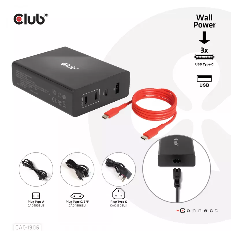 Cargador de viaje CLUB3D 132W tecnología GaN, cuatro puertos USB Type-A y -C, compatibilidad con Power Delivery (PD) 3.0