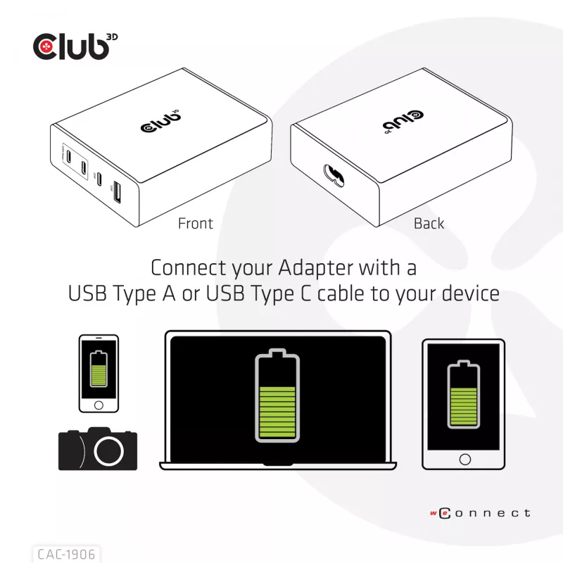 Cargador de viaje CLUB3D 132W tecnología GaN, cuatro puertos USB Type-A y -C, compatibilidad con Power Delivery (PD) 3.0