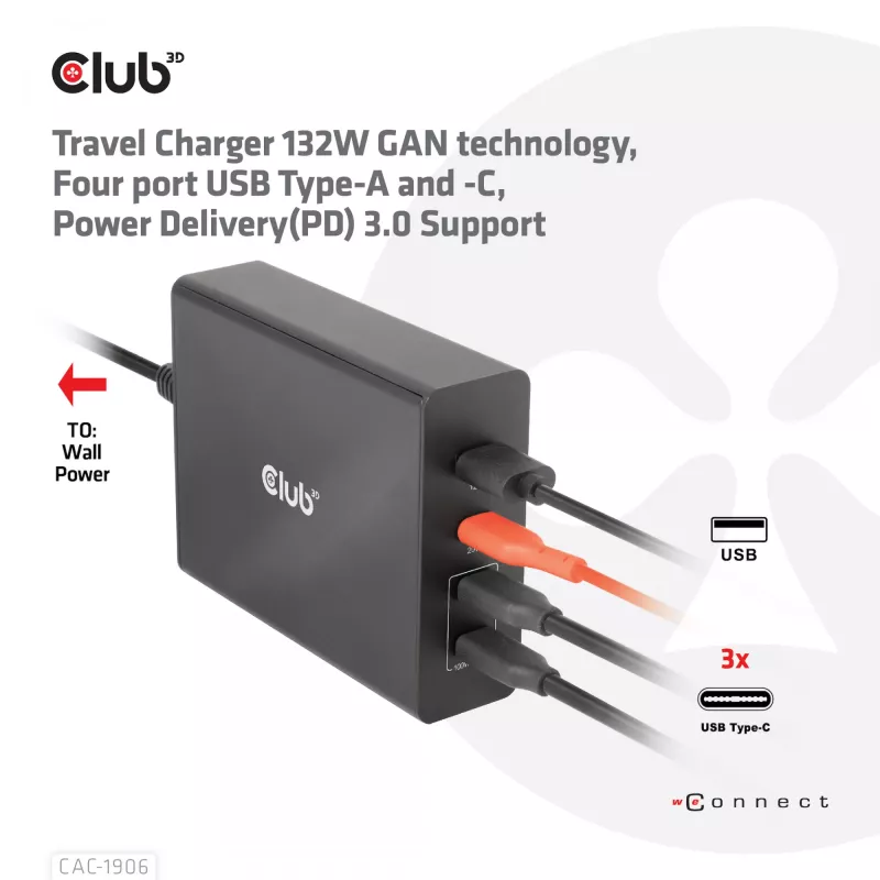 Cargador de viaje CLUB3D 132W tecnología GaN, cuatro puertos USB Type-A y -C, compatibilidad con Power Delivery (PD) 3.0