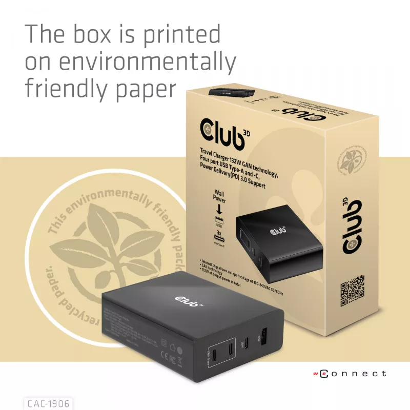 Cargador de viaje CLUB3D 132W tecnología GaN, cuatro puertos USB Type-A y -C, compatibilidad con Power Delivery (PD) 3.0