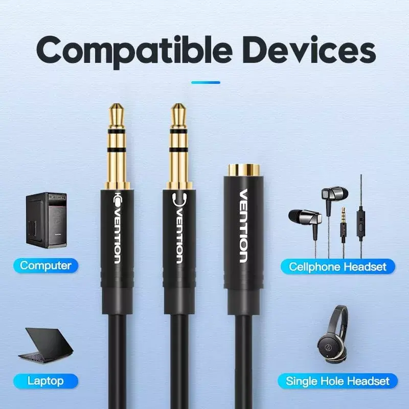 Cable adaptador de audio Vention 2×3,5 mm macho a conector hembra de 3,5 mm de 4 polos, 0,3 m, negro
