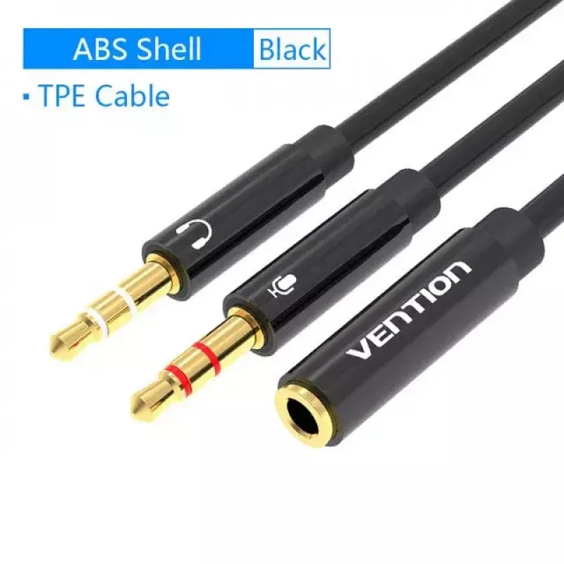 Cable adaptador de audio Vention 2×3,5 mm macho a conector hembra de 3,5 mm de 4 polos, 0,3 m, negro