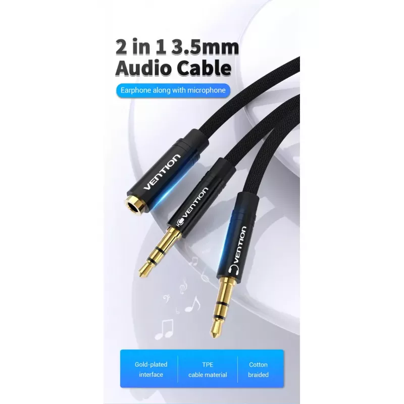 Cable adaptador de audio Vention 2×3,5 mm macho a conector hembra de 3,5 mm de 4 polos, 0,3 m, negro