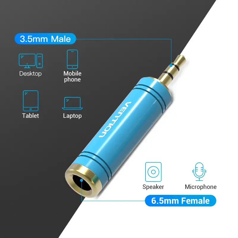 Adaptador de audio Vention de jack de 3,5 mm macho a jack de 6,5 mm hembra, azul, acabado metálico