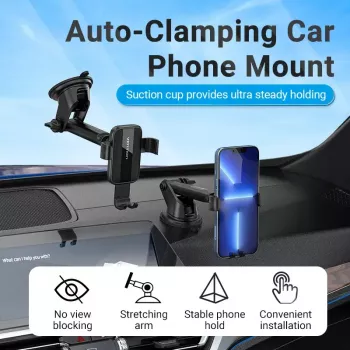 Soporte para coche Vention KCOB0 — soporte de ventosa con pinza, soporte de pinza para smartphones, negro, ancho 73 mm, alto 117,6 mm