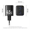 Cargador rápido de CA para interiores Vention FEFW0-EU 45W, 2x USB-C, compatible con smartphone, portátil, tablet, smartwatch y auriculares, blanco