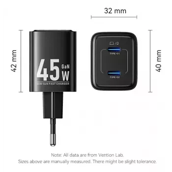 Cargador rápido de CA para interiores Vention FEFW0-EU 45W, 2x USB-C, compatible con smartphone, portátil, tablet, smartwatch y auriculares, blanco