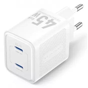 Cargador rápido de CA para interiores Vention FEFW0-EU 45W, 2x USB-C, compatible con smartphone, portátil, tablet, smartwatch y auriculares, blanco