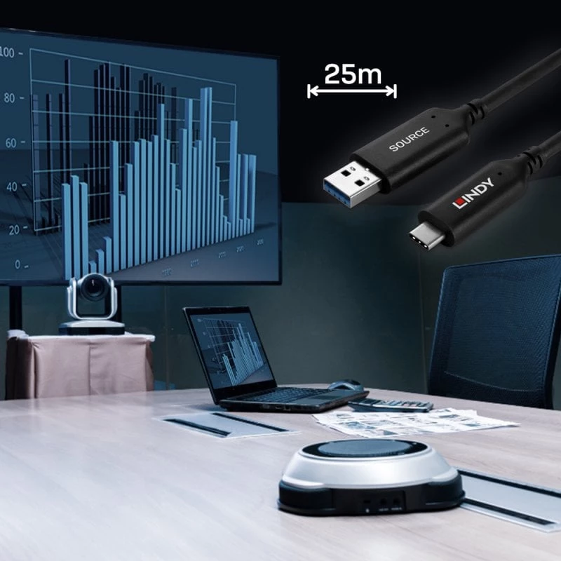 Cable híbrido de fibra óptica Lindy 25 m USB 3.2 Gen 1 tipo A a C