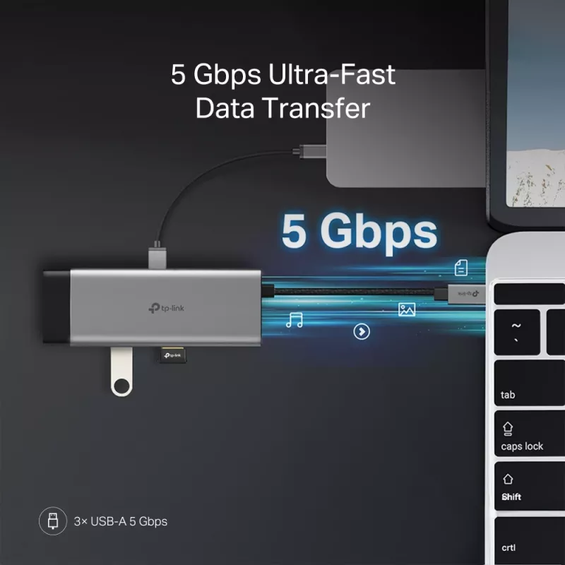 Hub USB Type-C TP-Link UH7021C — HDMI, USB 3.2 Gen1, USB 2.0, SD/microSD, 5000 Mbit/s, aluminio negro