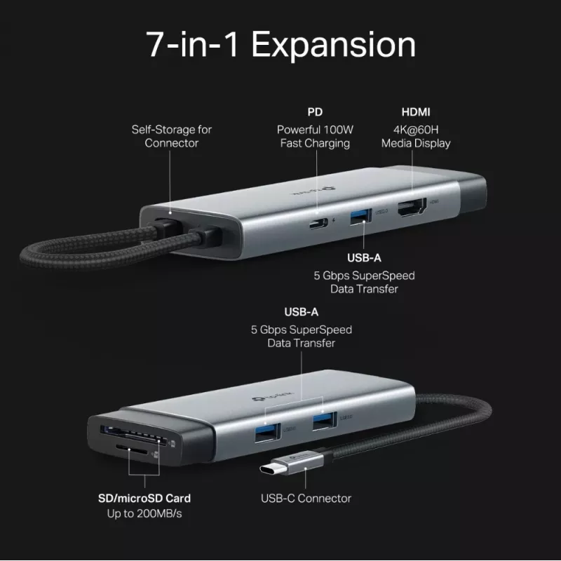 Hub USB Type-C TP-Link UH7021C — HDMI, USB 3.2 Gen1, USB 2.0, SD/microSD, 5000 Mbit/s, aluminio negro