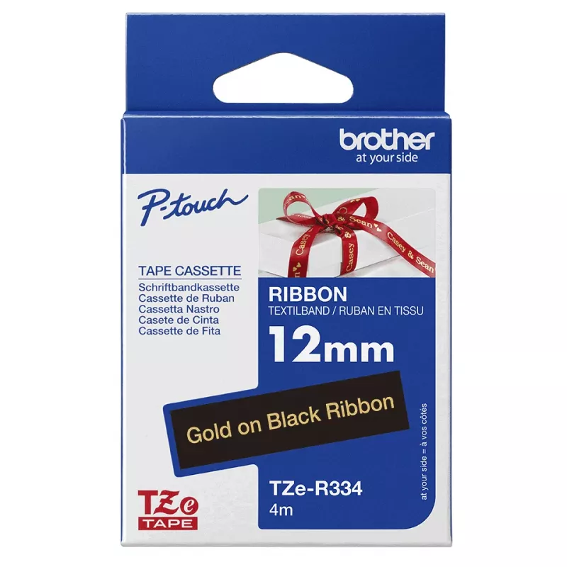 Cinta de rotulación Brother TZE-R334 oro sobre negro