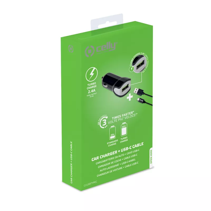 Cargador móvil Celly CCUSBTYPEC para smartphone, tablet negro mechero de coche