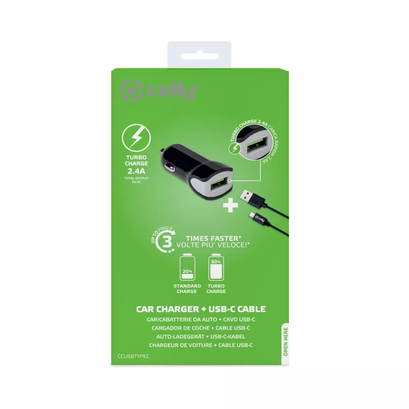 Cargador móvil Celly CCUSBTYPEC para smartphone, tablet negro mechero de coche