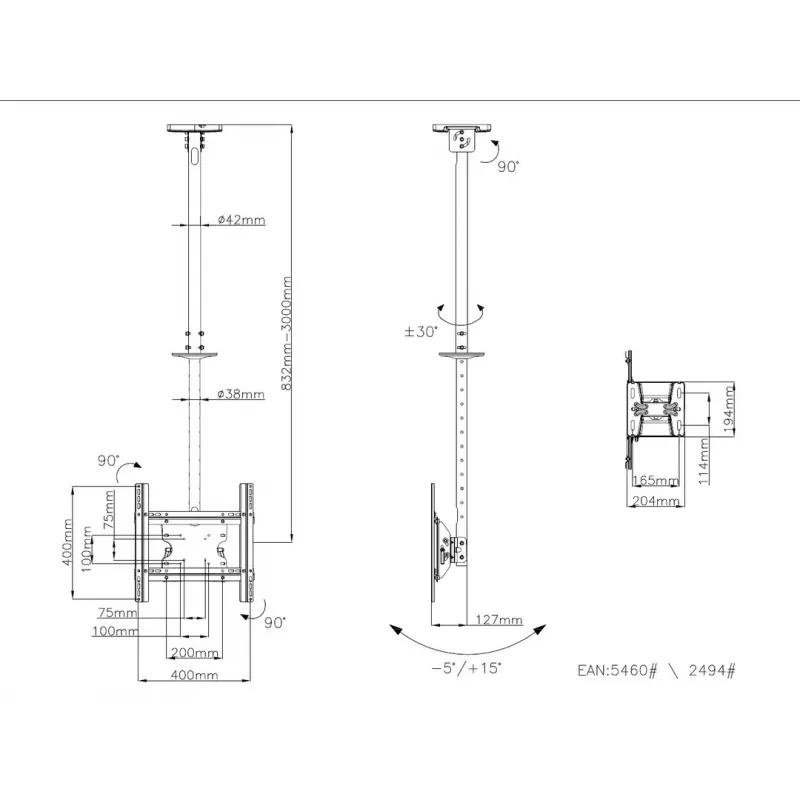 Multibrackets M Public Ceilingmount Medium Single soporte de techo, 81,3–116,8 cm (32–46 pulgadas), máx. 70 kg, VESA de 100x100 a 400x400, inclinación de -5 a +15°, negro