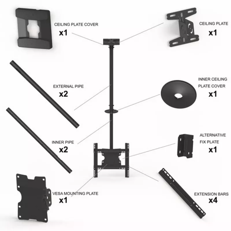 Multibrackets M Public Ceilingmount Medium Single soporte de techo, 81,3–116,8 cm (32–46 pulgadas), máx. 70 kg, VESA de 100x100 a 400x400, inclinación de -5 a +15°, negro
