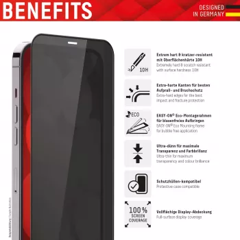 Protector de pantalla con filtro de privacidad Displex (10H) para Apple iPhone 13/13 Pro/14/16e/17e, marco de montaje Eco, filtro de privacidad