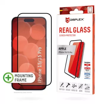 Displex Full Cover protector de pantalla de cristal (10H) para Apple iPhone 15/15 Pro, marco de montaje Eco, Full Cover